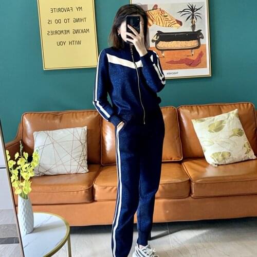 Fashion Blue Pink Striped Bright Silk Knit Tracksuit Outfits Women Stand-up collar Knit Cardigan Trousers Casual 2Pc Sets Female