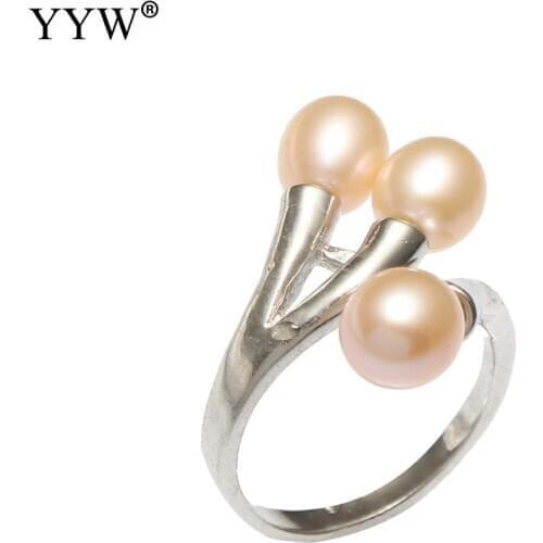 Us Size 7 Freshwater Pearl Finger Ring With Brass Pearl Ring Shape Silver Color Plated For Woman Pink 6.5x8mm
