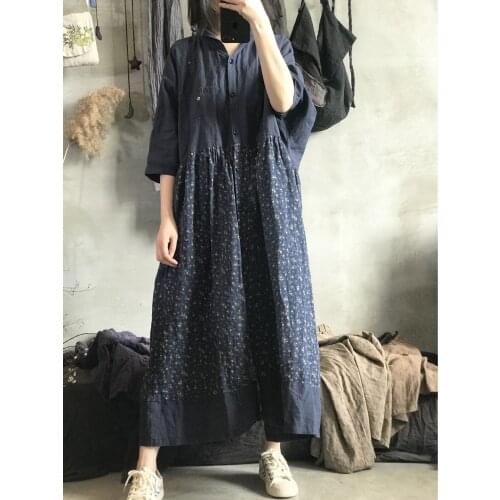 Women Linen Retro Patchwork Printed Dress Ladies Vintage Spliced Dress Female 2021 Spring Summer Dresses