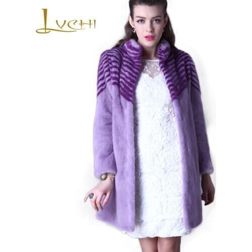 LVCHI Winter 2019 High Quality Velvet Custom Made Mink Coat Fur Violet Mandarin Collar Genuine Leather Fur Coats Real Fur Coat