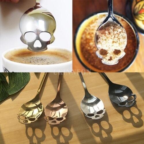 100Pcs/Lot Coffee Spoon Skull Head Shape 304 Stainless Steel Tableware Tool Black Sugar Spoon Rose Gold Tea Spoon