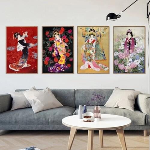 Abstract Kimono Girl Portrait Canvas Painting Japanese Geisha Vintage Poster and Prints Wall Art Picture Living Room Home Decor