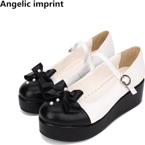 Angelic imprint woman mori girl lolita cosplay shoes lady mid trifle heels pumps wedges women princess dress party shoes bowtie