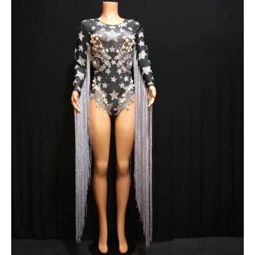 Black Silver Fringes Crystals Bodysuit Women Stage Show Stretch Leotard Nightclub Party Big Pearls Costume Celebrate Outfit