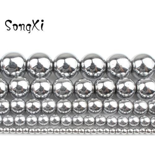 Natural Stone Beads Round Silver Plated Hematite Beads For Jewelry Making 2 3 4 6 8 10mm DIY Charm Necklace Bracelet 15 inches