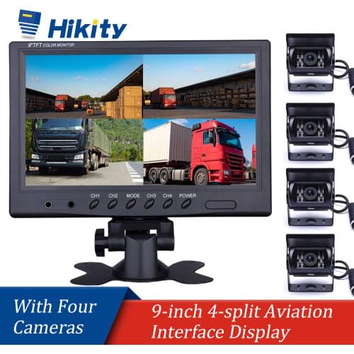 Hikity Vehicle Car Rear View 9" LCD Monitor 4CH Quad Split Screen Truck Caravan Van Motorhome Camper Parking Camera