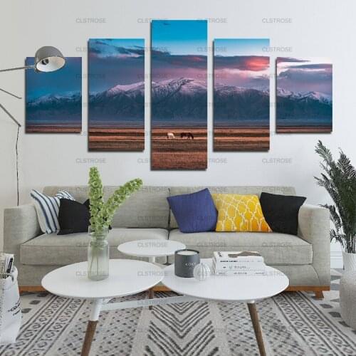 Horse In The Wilderness and Mountain Wall Art Poster 5Pcs Home Bedroom Living Room Irregular Decoration Canvas Painting Hd Print