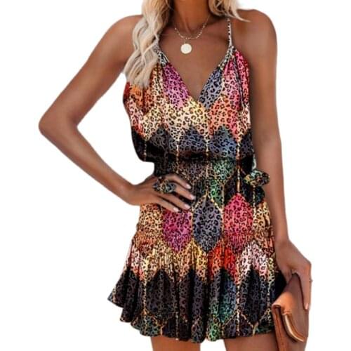 Summer Womens Fashion Dress V-neck Printed Sleeveless Ruffled Suspender Vintage Elegant Lady Dresses Plus Size