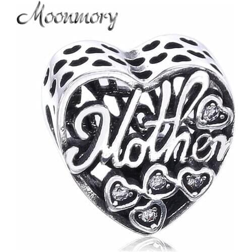 Moonmory 2020 Mothers Day Best Gift 925 Sterling Silver Love Heart Mothen Charms Beads For Brand Bracelet DIY Jewelry Marking