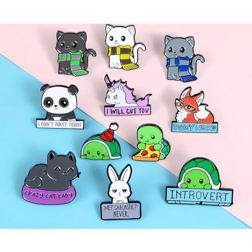 Cartoon enamel pins Animal series backpack lapel clothes brooches badges Panda fox rabbit cat tortoise cute pins gifts for kids