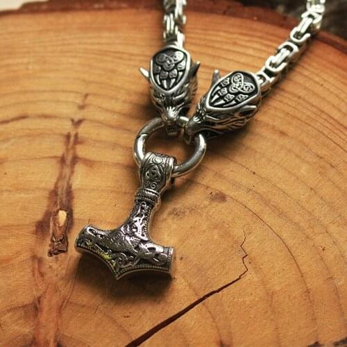 Men necklace viking wolf head with thors hammer mjolnir necklace stainless steel pendant norse talisman ethnic jewelry