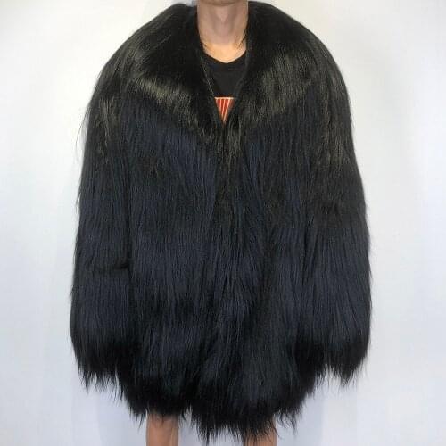 YOLOAgain Winter Warm Mens Black Real Fur Coat Turn-Down Collar Goat Fur Jacket Outerwear