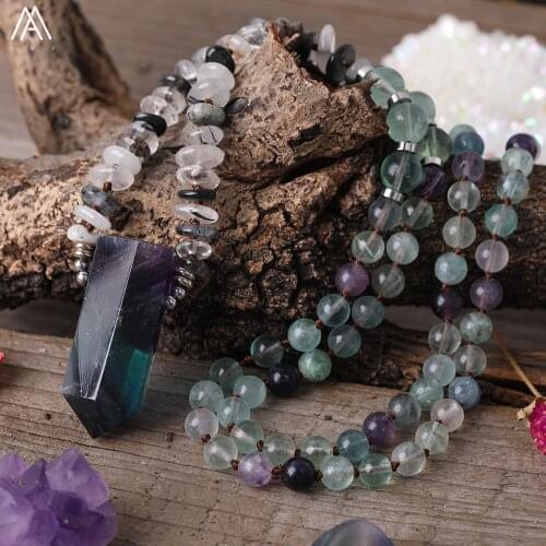 Natural Rainbow Fluorite Point Pendant Black Rutilated Chip Beads Fluorite Stone 8mm Round Beads Knotted Handmade Necklace