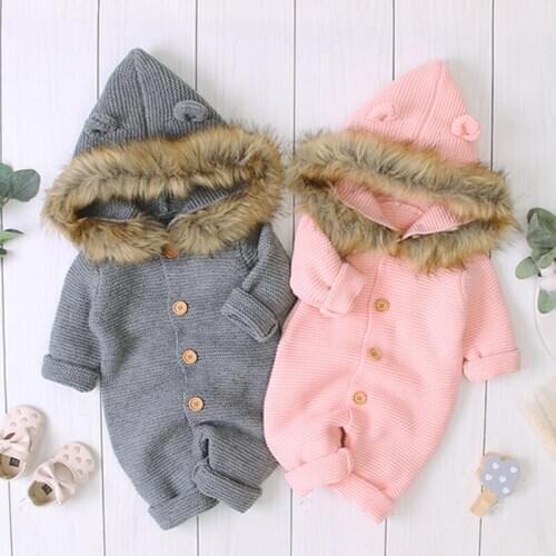 Newest Infant Baby Rompers Winter Clothes Newborn Baby Boy Girl Knitted Sweater Jumpsuit Hooded Fur Kid Toddler Outerwear