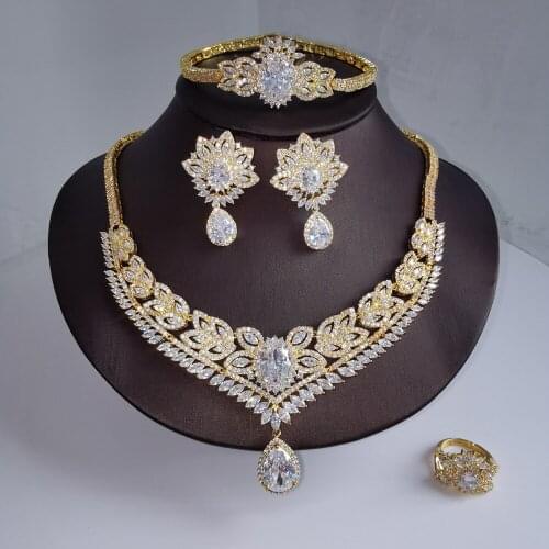 NEW FASHION Retro luxury zircon golden necklace earring bracelet ring wedding bride banquet formal dress jewelry set free ship