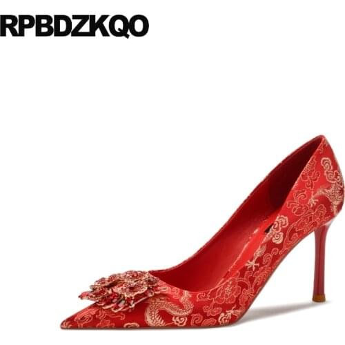 Pointed Toe Folk 8cm Red Satin Shoes Handmade High Heels Embroidered Crystal Bride Pumps Embroidery Bridesmaid Scarpin Women