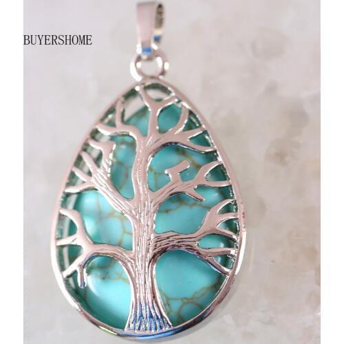 Silver Color Tree of life Water Drop Necklace Pendant Natural Gem Stone Green Howlite 1Pcs K443