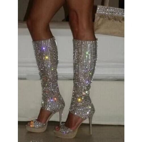Sexy Bling Bling Crystal Over The Knee Boots Peep Toe High Platform Cut-out Rhinestone Knee High Boots Size 42 Drop Ship