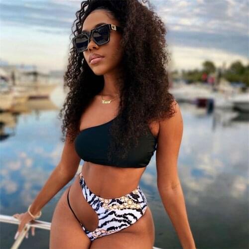 Sexy Print Bikinis Set 2021 High Waist Cut Swimsuit Women Push Up Swimwear Summer BeachWear One Shoulder Bikini Bathing Suit