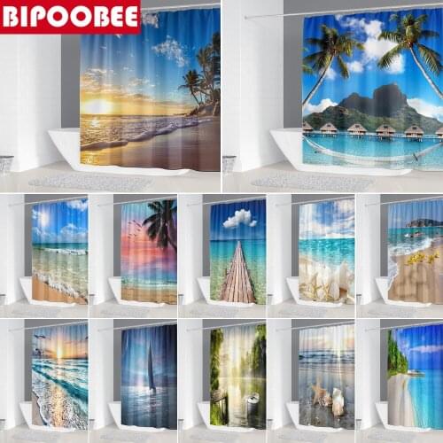 Sea Scenery Fabric Bathroom Shower Curtain Ocean Beach 3D Bath Curtains Seaside Bathtub Screen Washroom Decoration with Hooks
