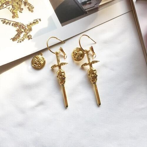 HF JEL Vintage Dagger Drop Earrings for Women Exaggerate Gold Color Long Sword Skeleton Dangle Women Earrings Angle and Devil