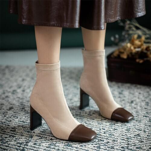 Genuine Leather Women Boots Shoes Women Retro Square Zipper Color Block Stretch Stocking Ankle Boots Brand 2020 Fashion New