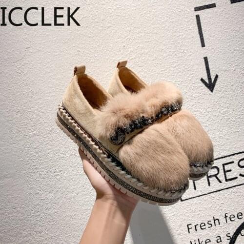 Winter Natural Fur Flats Women Luxury Warm Crystal Buckle Hand Stitching Leather Platform Shoes Women Slip-on Hair Flats