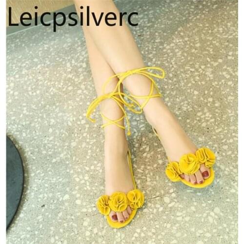 Womens Sandals summer The New Fashion Flock Solid Open toe Lace-up Flower flat Cover Heel Womens shoe plus size 31-52