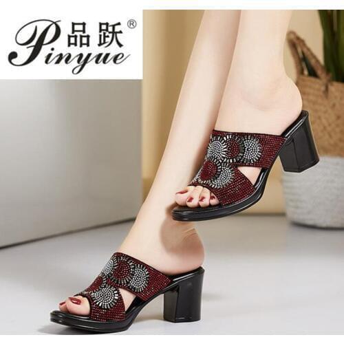 Women Slippers 2020 Ladies Summer Slippers Genuine Leather Shoes Women High Heels Fashion Rhinestone Summer Shoes