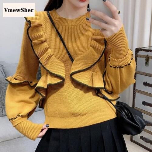 VmewSher Autumn Spring Women Sweater Front Ruffles Office Lady Elegant Knitted Pullover Stretch Fashion Chic Knitwear Jumper Top
