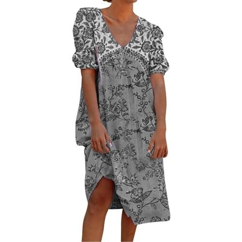 Plus Size Dresses For Women 2021 Summer Fashion Bubble Sleeve Cotton Linen Print V-neck Beach Dress Vestidos De Mujer Casual