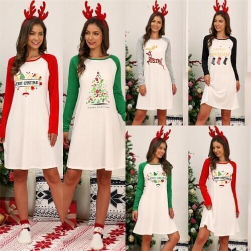 Womens Dress Home Casual Loose New Autumn Winter Long Sleeves Santa Tree Elk Print Chirstmas Party Fashion Round Neck Pullover