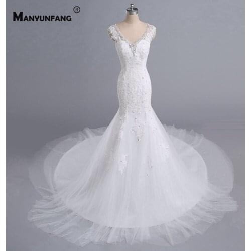 100% Real Embroidery Appliques Tulle Crystal Chapel Train Mermaid Wedding Dress High-End Cap Sleeve V-Neck Button Bridal Gown