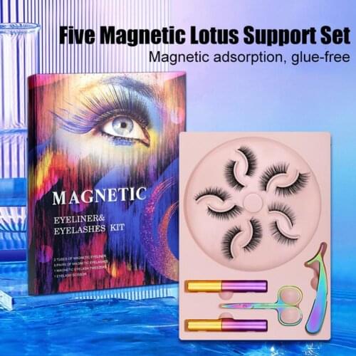 5 Pairs False Eyelash Kit Lotus Holder Magnetic Thick Manual False Eyelashes Eyeliner Set for Beauty