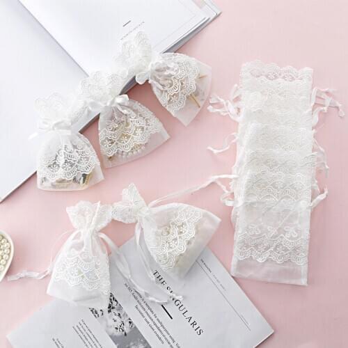 6/12/24pcs Hot 10x14cm White Flower Organza Bags Jewelry Rope Bags High-end Creative Gift Packing Bags Wedding
