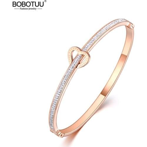 BOBOTUU Rose Gold Stainless Steel Love For Ever Rhinestone Cuff Bangles Bracelet Jewelry For Women Valentines Day Gift BB19032