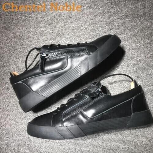 Brand Chentel Leather Spring Men Casual Shoes Party Shoes Men Flats Sneakers Zipper Lace-Up Unisex High Quality Male Black