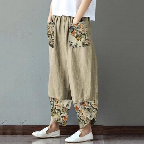 5XL Vintage Printed Harem Pants Women Plus Size Trousers Elastic Waist Cotton Linen Harem Pants Oversized Loose Summer Pant A20