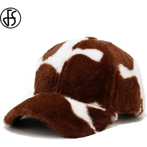 FS Brown Black White Cow Print Baseball Cap For Women Men Winter Rabbit Fur Snapback Hat Warm Windproof Face Caps Casquette