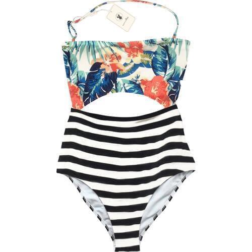 Summer Mae One Piece Halter Swimsuit Cutout Leaves Printing Stripe Swimwear