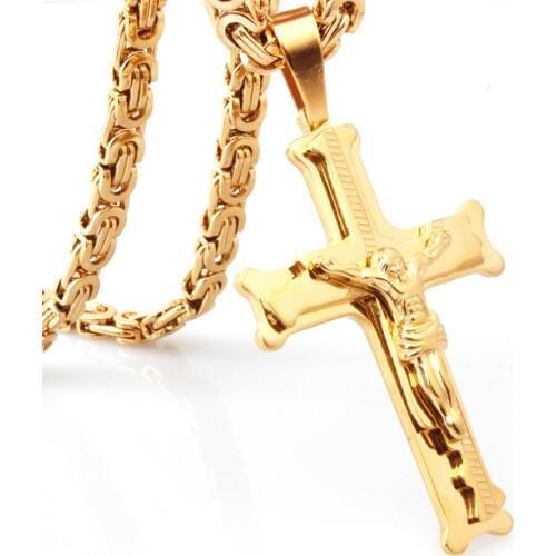 Granny Chic Mens Jewelry Hot Sell Fashion Gold Stainless Steel Big Jesus Cross Pendant Byzantine Necklace 6mm
