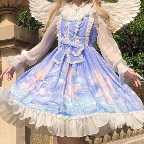 Sweet Blue Lolita Angel Dolphin Bay JSK Japanese Sweet Lolita Sling Dress Vintage Victorian Gothic Princess Tea Party Dresses