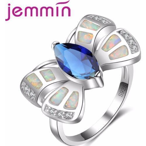 Charming Butterfly Rings For Women Party Gift Aminal Opal Blue Crystal 925 Sterling Silver Silver Color Wedding Rings Jewelry