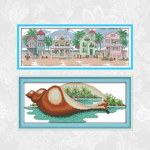 The Scenery in the Conch Cross Stitch Printed Canvas 11CT 14CT Seaside Villages DIY Needlework Embroidery Sets Cross Stitch Kits