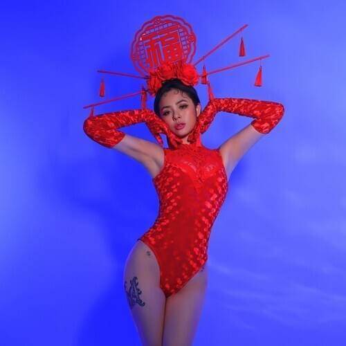 Chinese Style Sexy Bodysuit Red Outfits Gogo Dance Costumes New Year Nightclub Bar Dj Ds Stage Costumes Festival Outfits DN7572