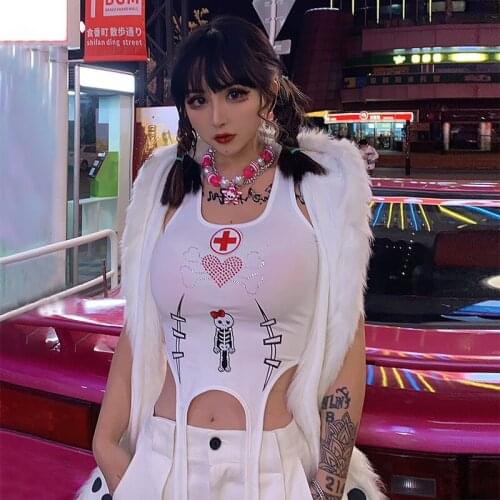 Ruibbit Gothic Punk Print Backless Casual Hot Girl Top Streetwear Summer Sexy Sleeveless Women White Slim Sling Vest Y2K