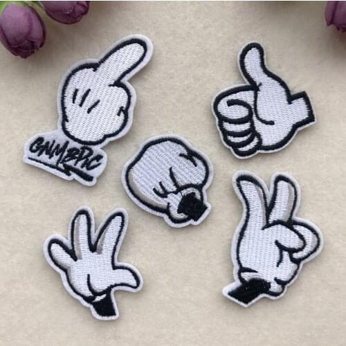 Cute Black and White Gesture Iron on Patches for Clothing Stickers Stripes Appliques on Clothes Cartoon Fingers Embroidery Badge
