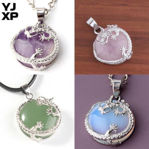 YJXP Silver Plated Natural Tiger Eye Green Stone Rose Quartzs Unakite Accessories Half Ball Alloy Dragon Pendant Jewelry