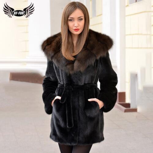 Fashion Black Genuine Mink Fur Coat With Fox Fur Trim Of Hood Women Natural Mink Fur Jacket Long With Belt Overcoats Luxury