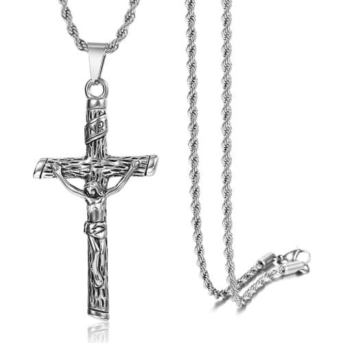 Womens Mens Cross Pendant Necklace INRI Crucifix Piece Jesus Gold Silver Color Stainless Steel Rope Link Chain Jewelry LKP659